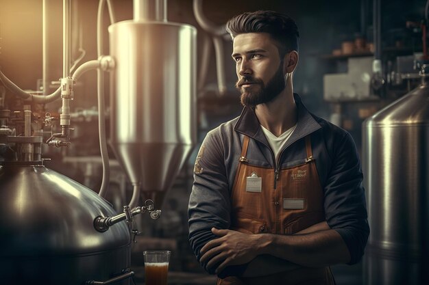 Cervejeiro masculino barbudo no interior da moderna fábrica de cervejaria Generative AI