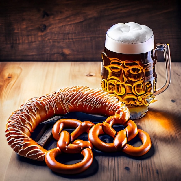 Cerveza alemana junto a pretzel IA generativa