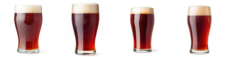 La cerveza de ámbar rica en vasos de pinta con cabezas espumosas que muestran tonos rojos profundos
