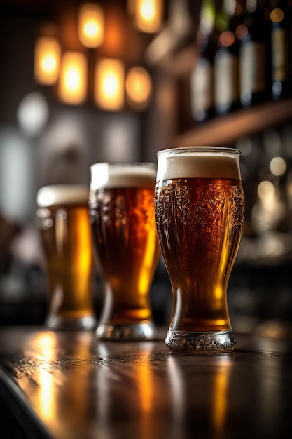 Cerveza de barril en vasos en la barra en una fila el fondo de la barra está borroso IA generativa