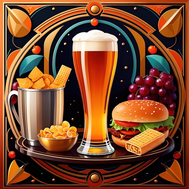 Foto cerveza y bocadillos clásico retro vintage ilustración de estilo art déco