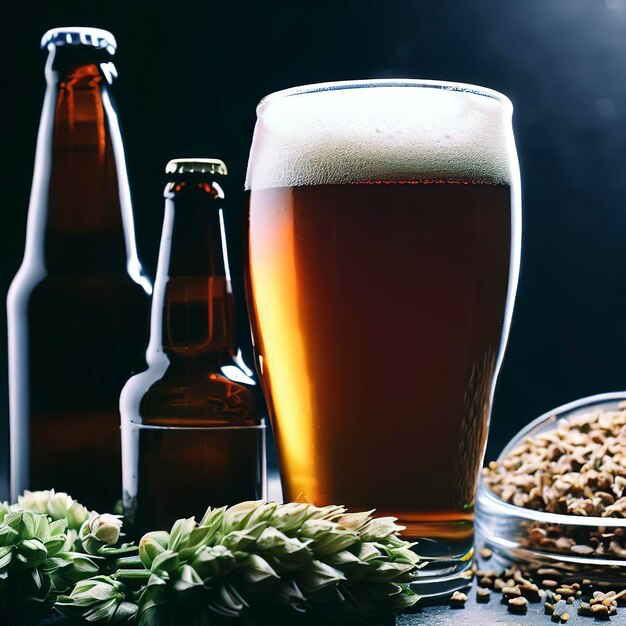 Cerveza de botella y vaso con ingredientes cerveceros Flor de lúpulo con trigo