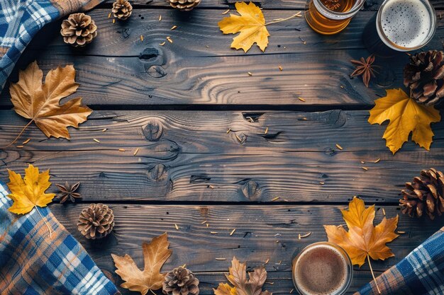 cerveza y comida de Oktoberfest en la mesa de madera vista plana generada