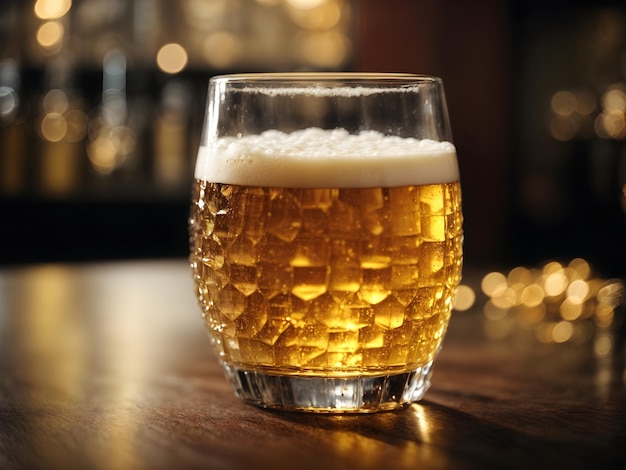 Cerveza dorada espumosa en primer plano de vidrio