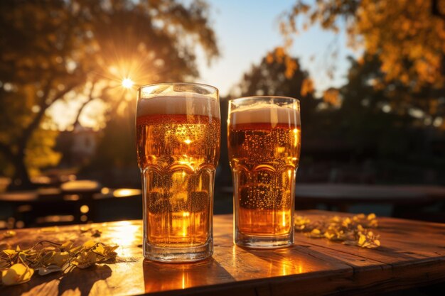 cerveza dorada en un vaso frío en un picnic en el parque con amigos IA generativa