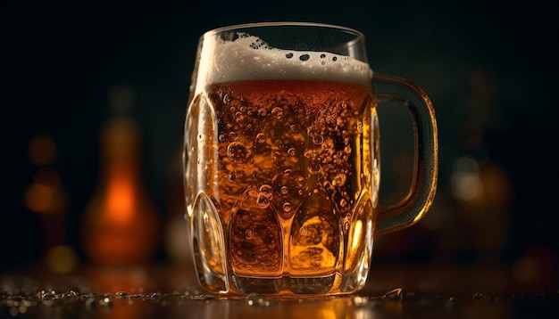 Cerveza espumosa en vaso de cerveza dorada en un pub generada por IA