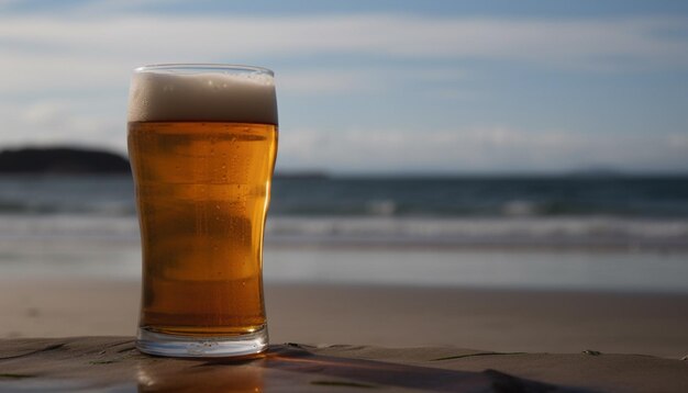 Cerveza espumosa en vaso de pinta dorado perfecta para relajarse en verano generada por IA