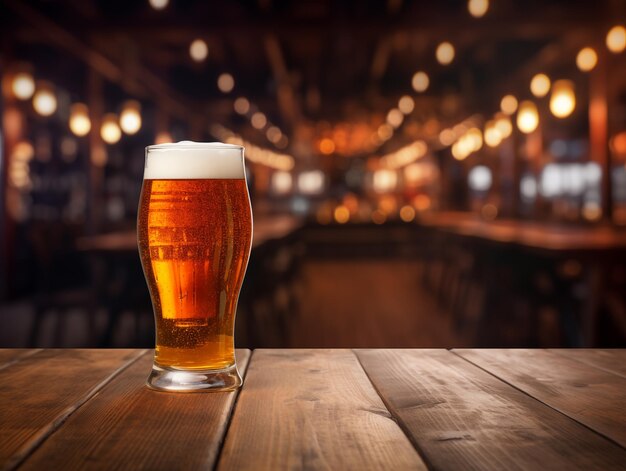 Foto una cerveza espumosa en un vaso de pinta de oro en la mesa a la izquierda