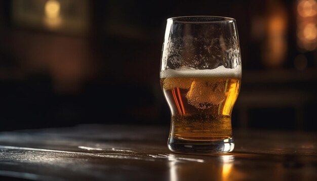 Cerveza espumosa en un vaso de pinta refrescante generada por IA