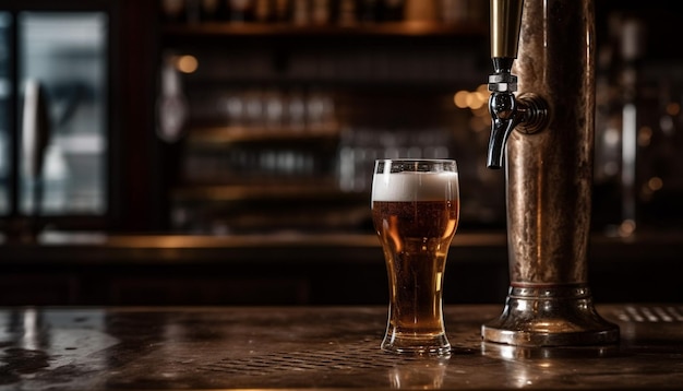 Foto cerveza espumosa vertida del grifo en la barra del bar generada por ia