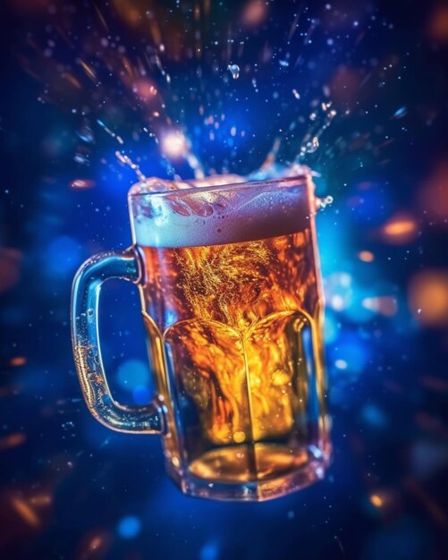 una cerveza con un fondo de colores claros
