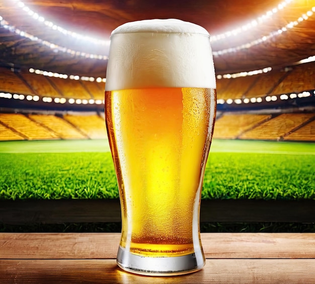 Foto cerveza en el fondo de un estadio de fútbol