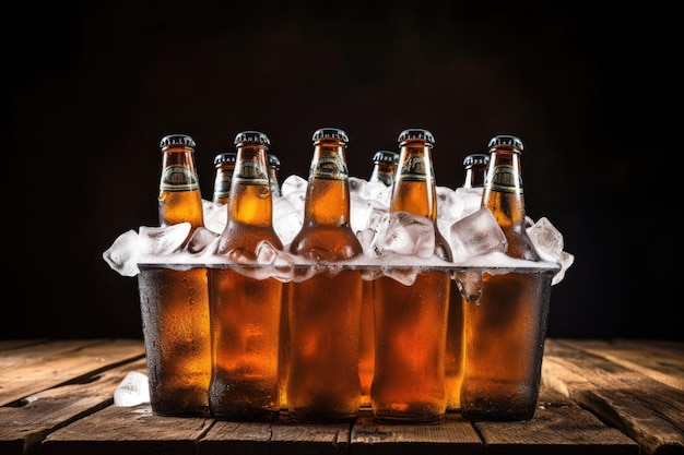 cerveza fría en un cubo de hielo en la mesa