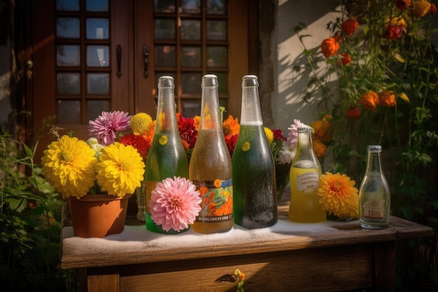 Cerveza fría en un jardín de flores ambiente relajado generativo IA