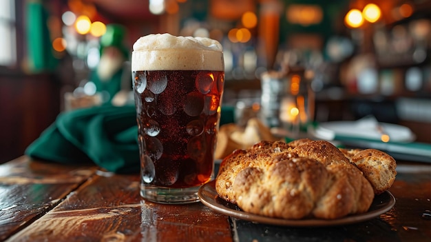 Foto cerveza fuerte y pan de soda irlandés tradicional pub irlandés con decoración del día de san patricio ai generado