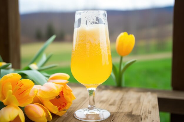 Foto cerveza de granja saison en un vaso de tulipán con microburbujas vistas