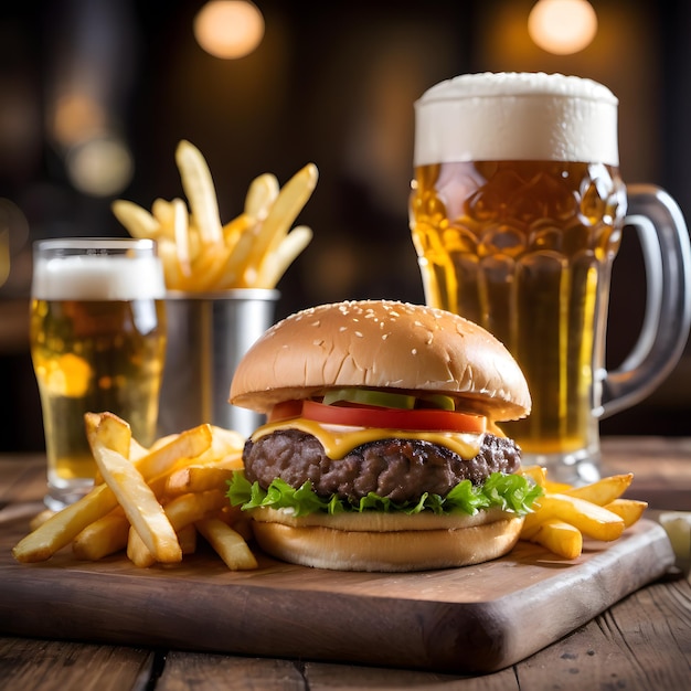 Foto cerveza de hamburguesa y papas fritas