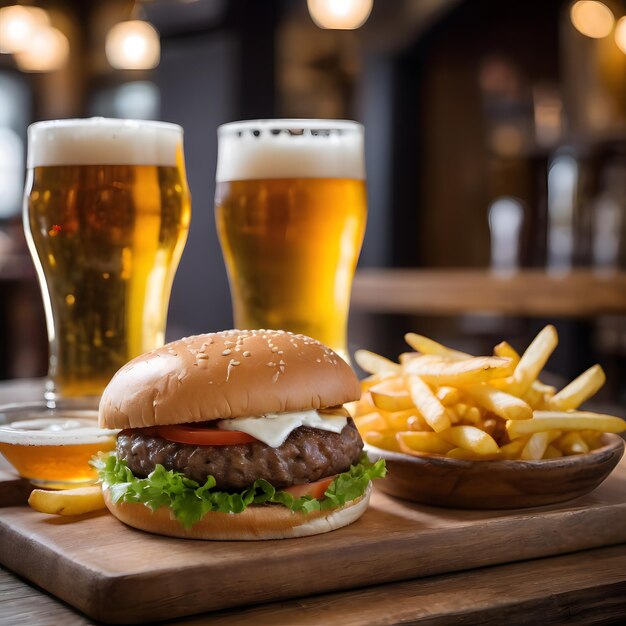 Foto cerveza de hamburguesa y papas fritas