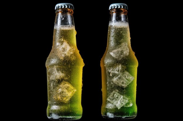 Cerveza helada en botellas de vidrio con vista panorámica de cal área vacía