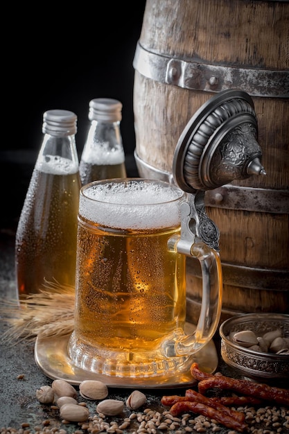 Cerveza ligera en un vaso sobre un fondo antiguo