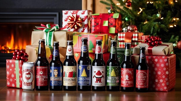 cerveza de Navidad en regalos naturaleza muerta