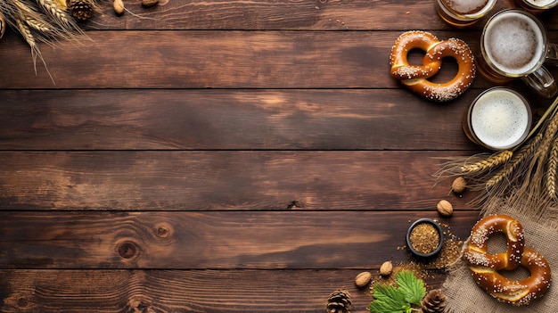 Cerveza Oktoberfest con pretzel de trigo y lúpulo en una mesa de madera con espacio para copiar