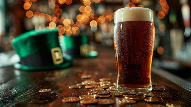 Cerveza oscura en un pub irlandés con decoración del día de San Patricio sombrero verde monedas de oro AI generado