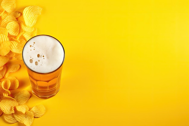 Cerveza y papas fritas sobre un fondo amarillo vibrante perfecto para picar