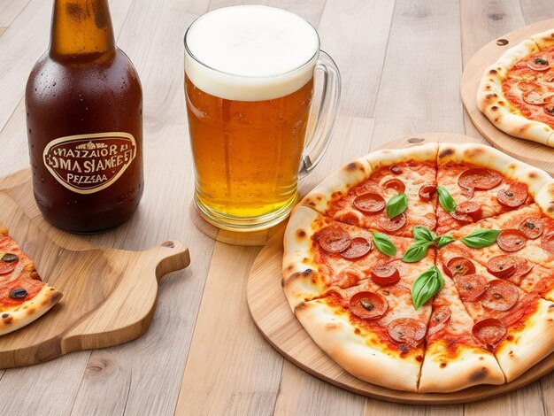 cerveza y pizza casera en una mesa de madera