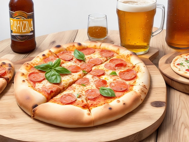 Foto cerveza y pizza casera en una mesa de madera