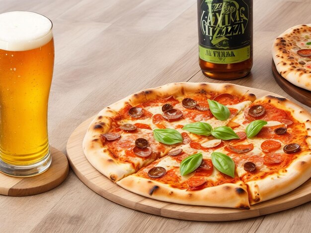 cerveza y pizza casera en una mesa de madera