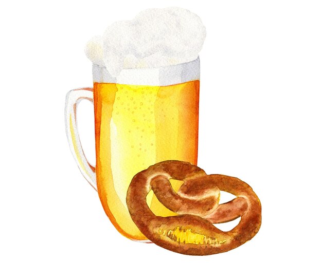 Cerveza y pretzel aislados sobre fondo blanco aislados sobre fondo blanco Clipart Arte de acuarela