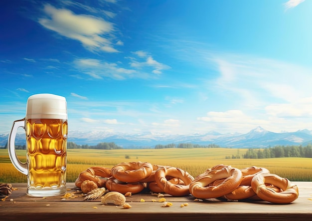 cerveza y pretzel con fondo de madera