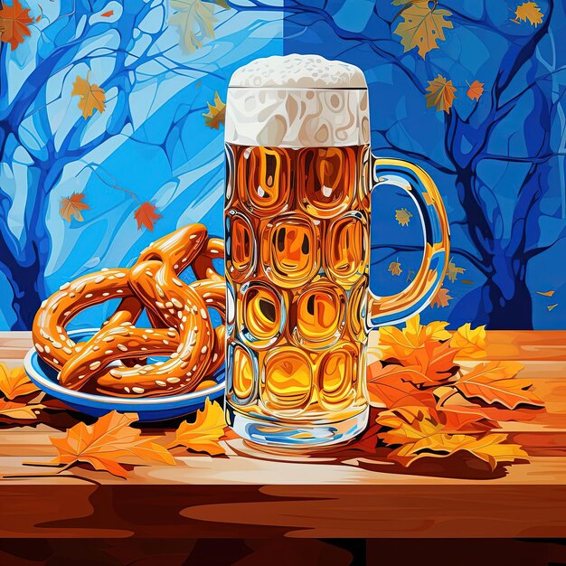 cerveza con pretzel y hojas sobre la mesa en koolaid oktober al estilo de arte vectorial simplista
