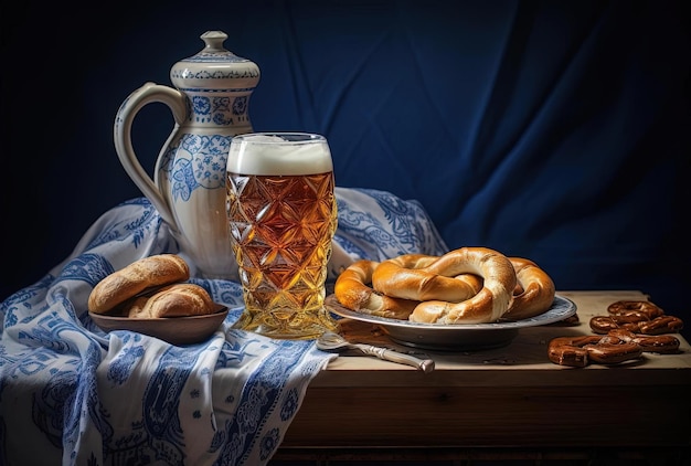 una cerveza y un pretzel con vasos en la mesa azul en el estilo de los trajes tradicionales