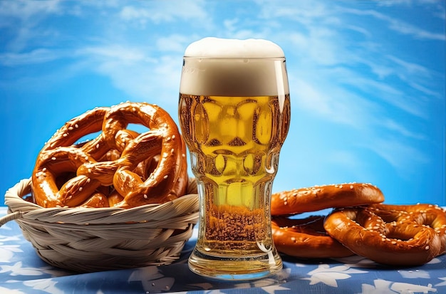 una cerveza y pretzels en una canasta en el estilo de imágenes uniformemente escenificadas