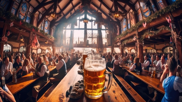 una cerveza en un pub con un gran ventanal al fondo.