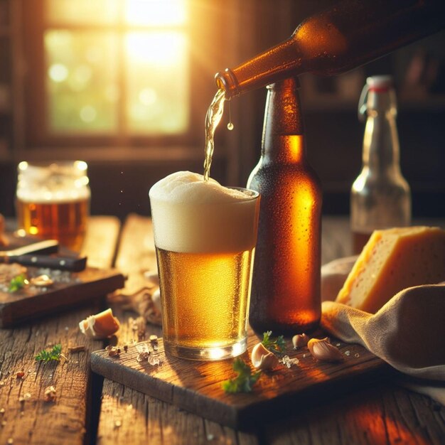 Foto cerveza siendo vertida en un vaso en una mesa de madera con queso y pan