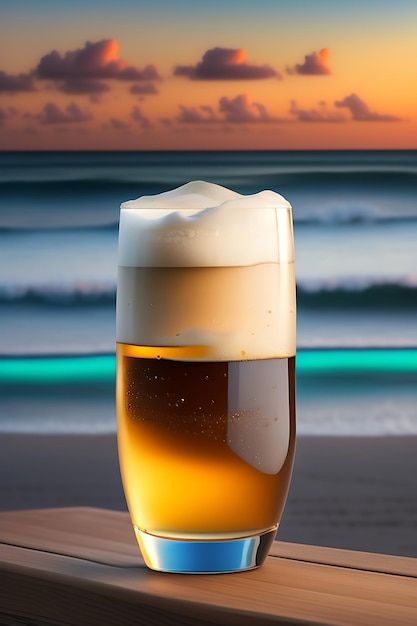 Cerveza sobre mesa de madera con fondo de playa borroso