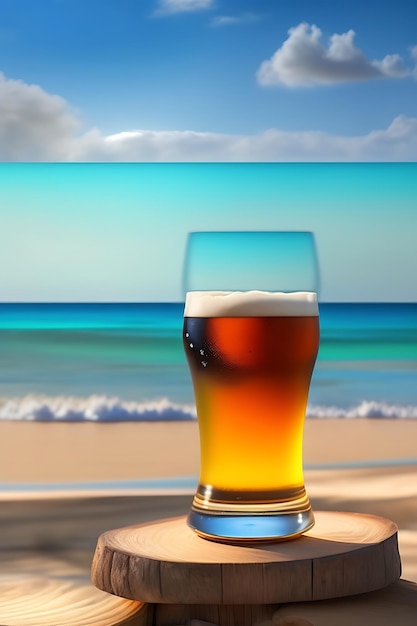 Cerveza sobre mesa de madera con fondo de playa borroso