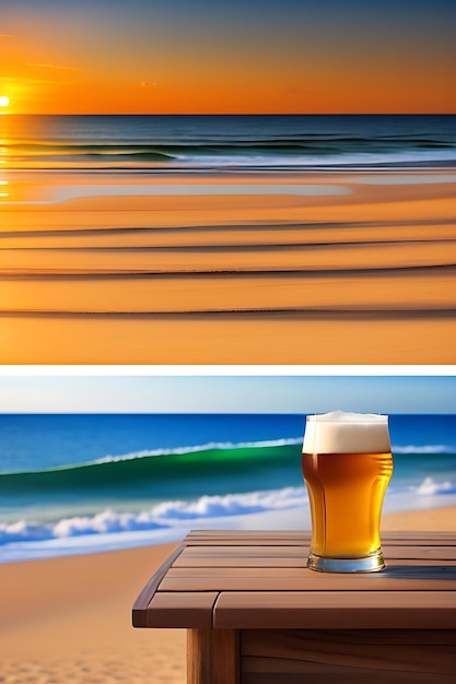 Cerveza sobre mesa de madera con fondo de playa borroso