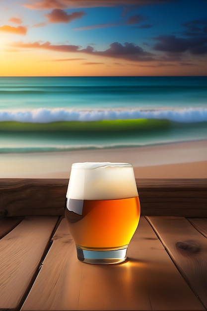 Cerveza sobre mesa de madera con fondo de playa borroso