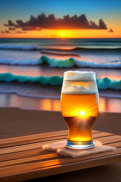 Cerveza sobre mesa de madera con fondo de playa borroso