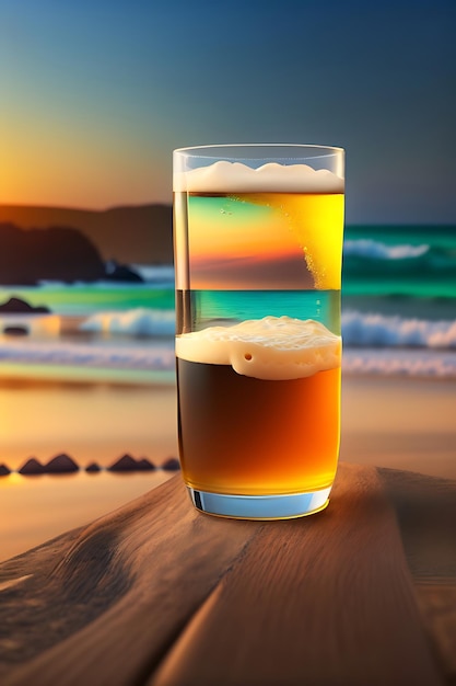 Cerveza sobre mesa de madera con fondo de playa borroso