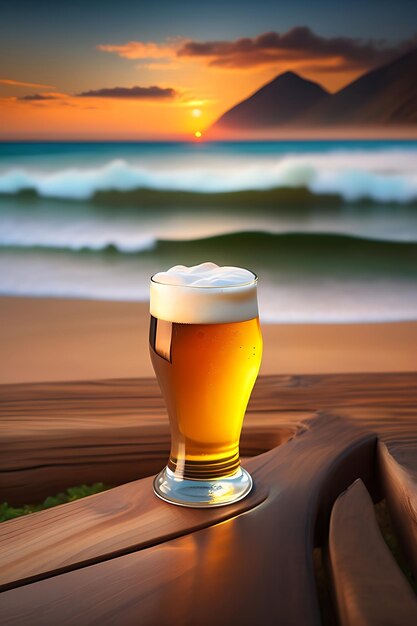 Cerveza sobre mesa de madera con fondo de playa borroso