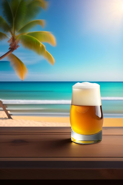 Cerveza sobre mesa de madera con fondo de playa borroso