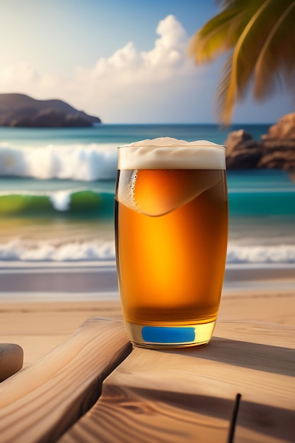 Cerveza sobre mesa de madera con fondo de playa borroso