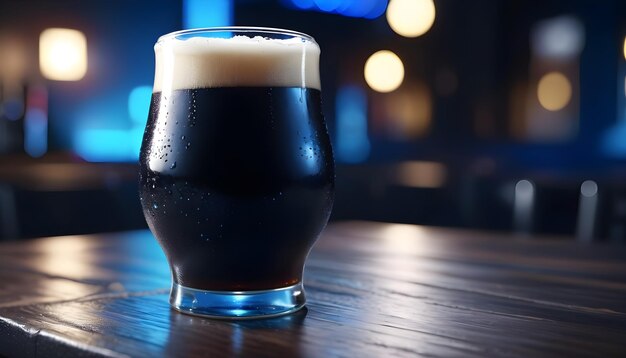 La cerveza Stout fría en la mesa