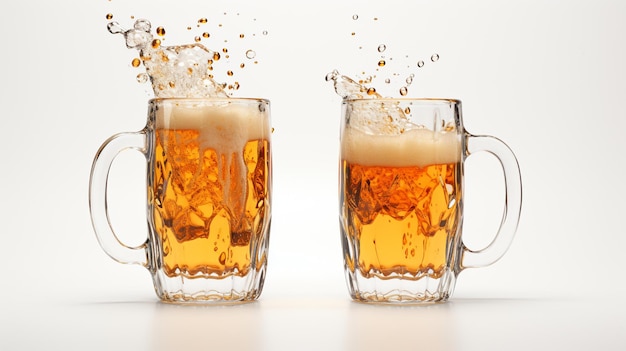 Foto cerveza en una taza de espuma y salpicaduras de vasos con cerveza