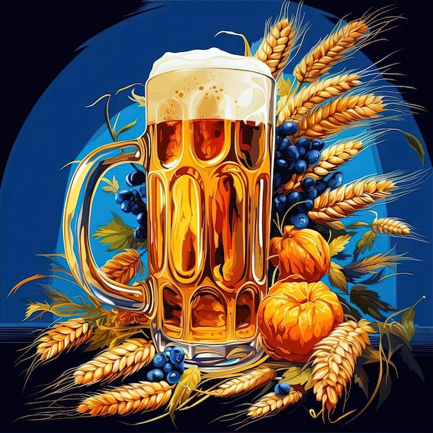 cerveza y trigo sobre un fondo azul